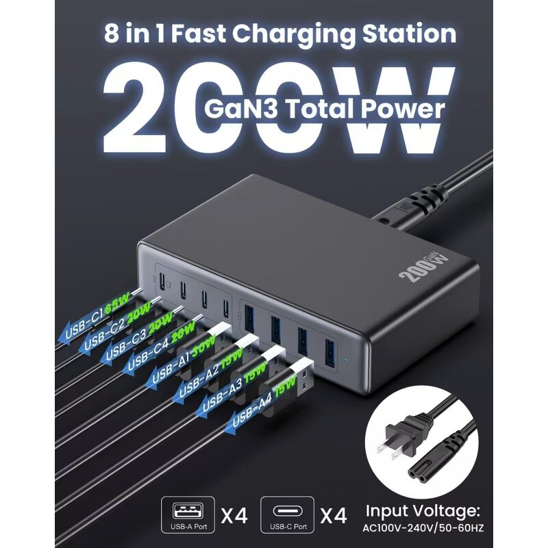 200W USB C Charger Block Manufacturer - Upgraded GaN III 8-Port Fast Charging Hub PD 65W for MacBook Pro Air