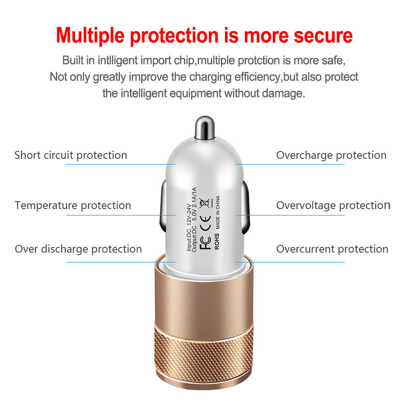 20W Aluminium Alloy Car Charger Manufacturer - 2.1A Quick Charging Adapter with Dual USB-A Port QC2.0 OVP for iPhone Huawei Samsung
