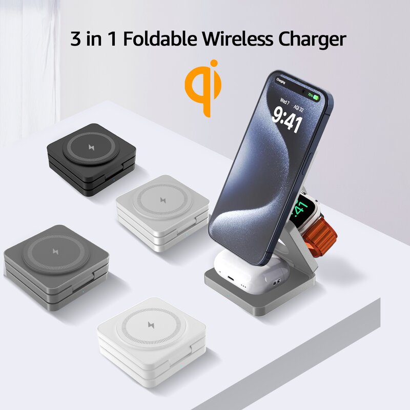 15W Folding Wireless Charging Station Manufacturer - OEM Qi 3 in 1 Portable Travel Charger for Phone Watch Earbuds