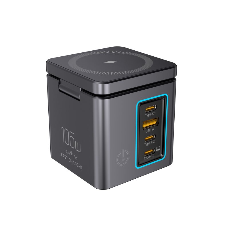 105W Wireless Charging Station Manufacturer - 6 in 1 Power Tower Combo with LED Light & Retractable Cable Wholesale