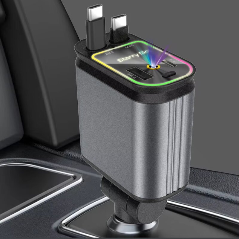 120W Retractable Car Charger Manufacturer - with Dynamic Lights Dual Retractable USB C Cables for Phone Laptop 2024 New Star Light