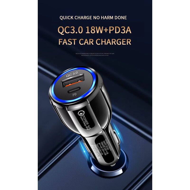18W PD Car Charger Manufacturer - QC3.0 Type C Fast Charging for 2 Devices