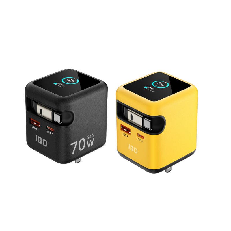 70W GaN Power Adapter Manufacturer - USB-C USB-A QC PD Charger Cube with TFT Display Retractable Cable & OTP Protection New