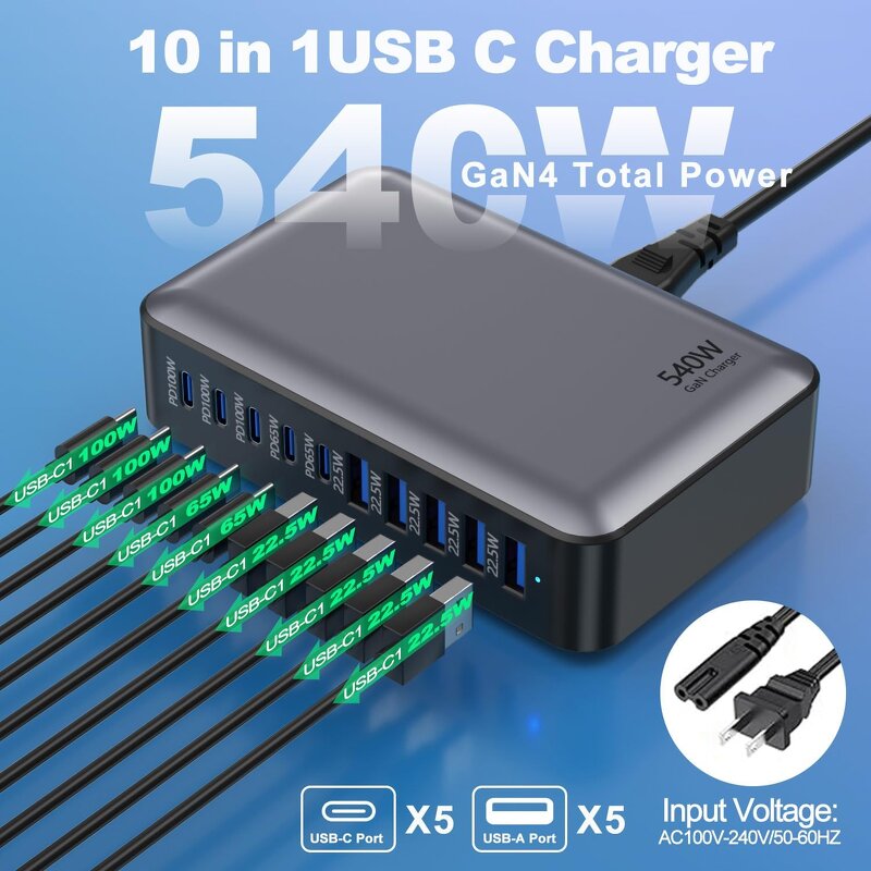 540W GaN4 Fast Charger Manufacturer - PD 3.0 Compatible 5A 5C Portable Wall Plug for iPhone 10-Port Desktop Charger