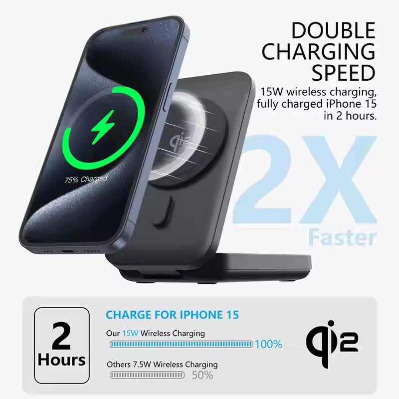 Portable 3 in 1 Qi2 Magnetic Wireless Charger Manufacturer - New Qi2 15W with 10000mAh Fast Charging Battery Stand Foldable