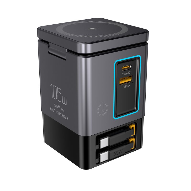 Qi 105W Desktop Charging Station Manufacturer - with Wireless Charger Built-In Retractable Cables & Earphone Charger