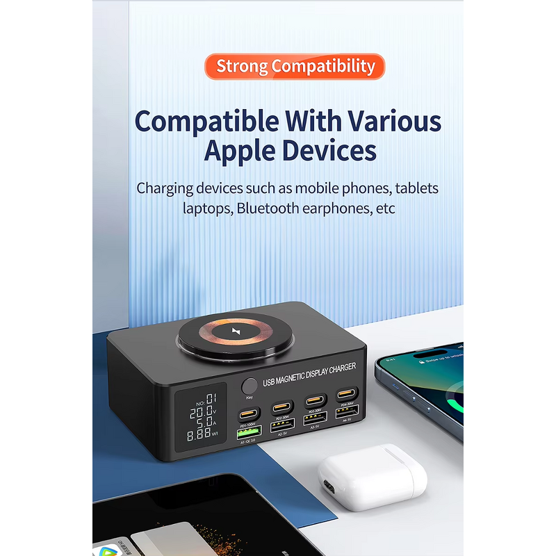 8-Port Fast Charging Station Hub Manufacturer - 15W Wireless PD 100W for Laptop USB C GaN 140W for iPhone 16 with SCP