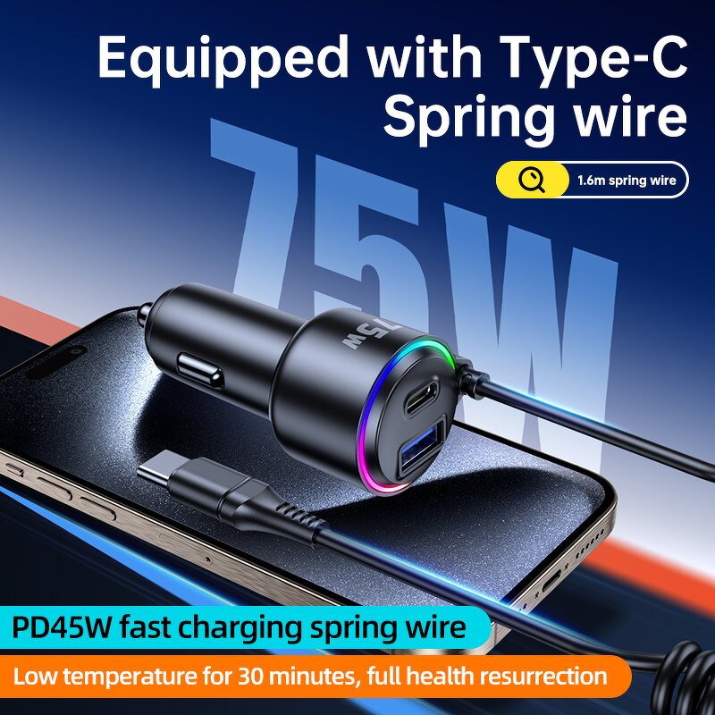 75W USB Car Charger Manufacturer - Type C Fast Charging PD with 45W Spring Wire Portable Travel