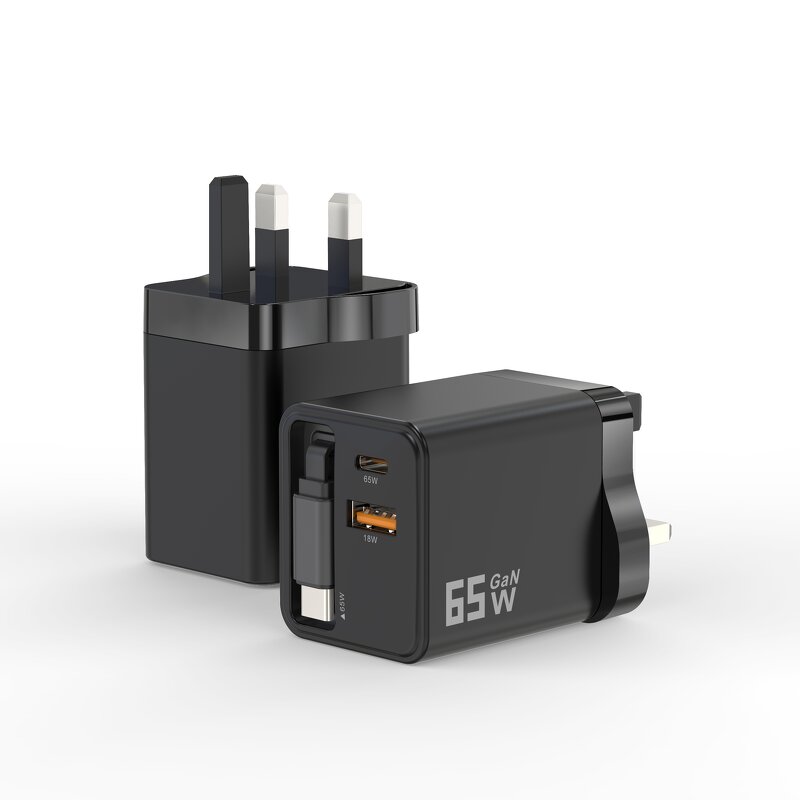 65W GaN Wall Charger Manufacturer - Dual USB & USB-C Ports with Retractable Type-C Cable