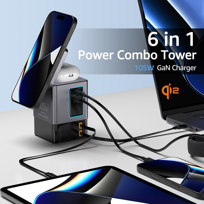 105W GaN Charging Tower Manufacturer - Qi2 Wireless Retractable Cable PD 3.0 Fast Charging for Universal Smartphones