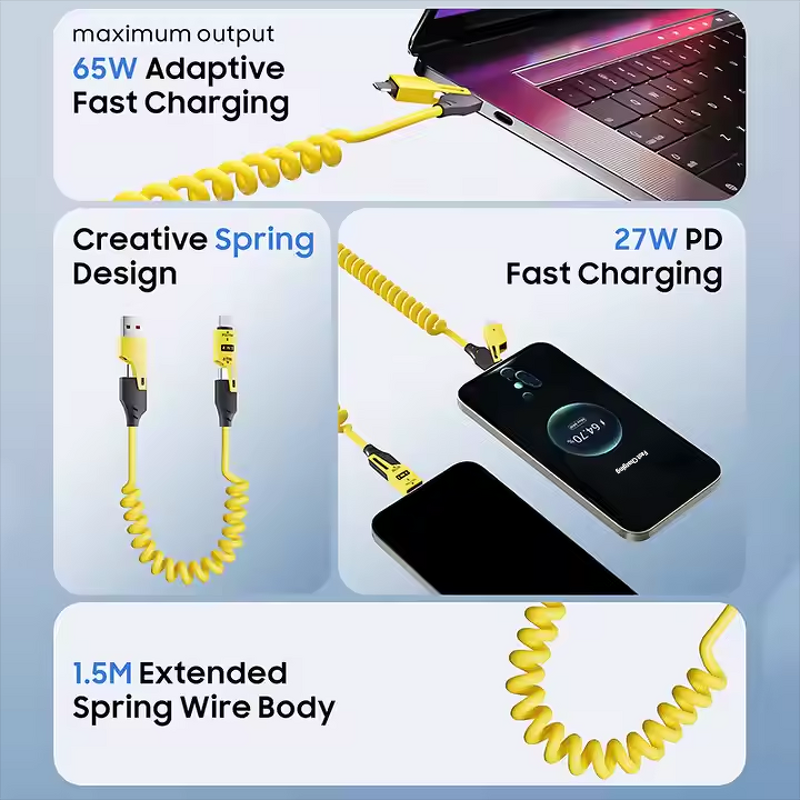 4-in-1 Fast Charging USB-C Cable Manufacturer - 65W Type-C PD 27W Portable Spring 1.5m for Computer & Mobile Devices
