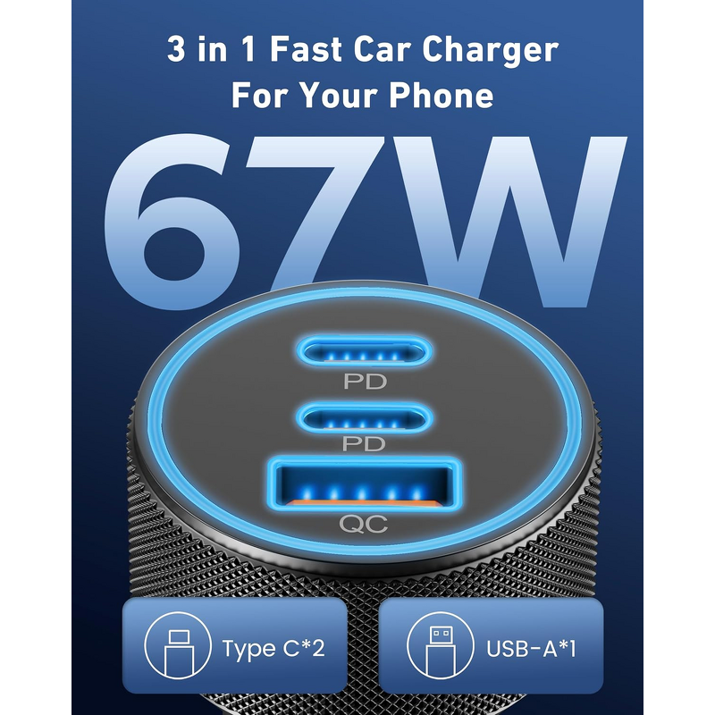 67W Travel Charger Manufacturer - USB-C USB-A 3 Ports MINI Dual USB C Fast Charging Car Power Adapter PD QC for iPhone