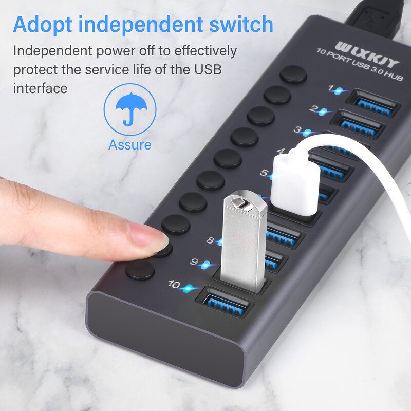10-Port USB 3.0 Hub Manufacturer - Super Speed 5Gbps 60W Aluminum Adapter for Data Transfer & Charging