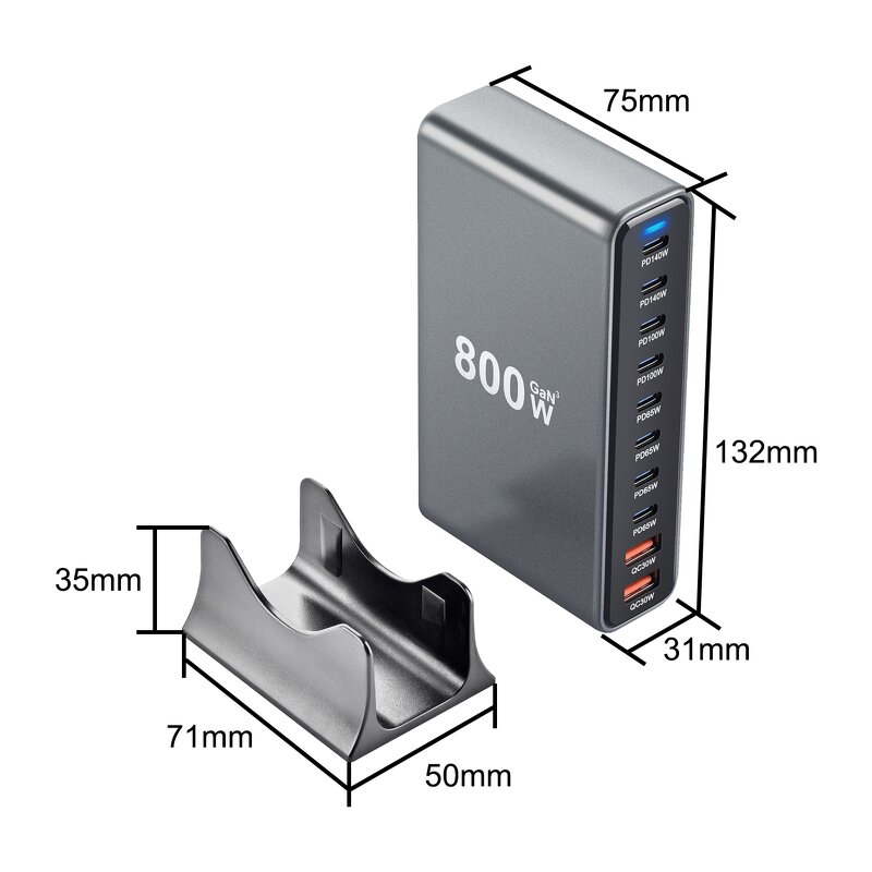 800W GaN Fast Charger Manufacturer - PD 3.0 Portable Desktop Wall Plug for Laptop iPhone 10 Ports