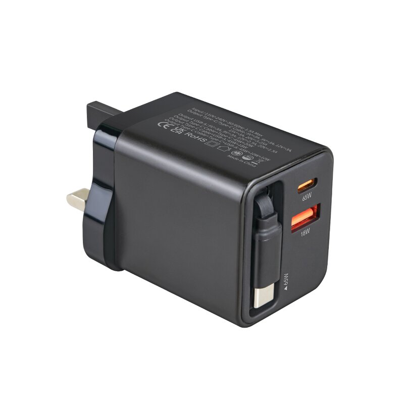 65W GaN Wall Chargers Manufacturer - Single Dual Port with Retractable Built-in Cable Portable OTP OVP for Phones Tablets Laptops
