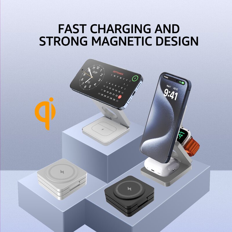 15W Folding Wireless Charging Station Manufacturer - OEM Qi 3 in 1 Portable Travel Charger for Phone Watch Earbuds