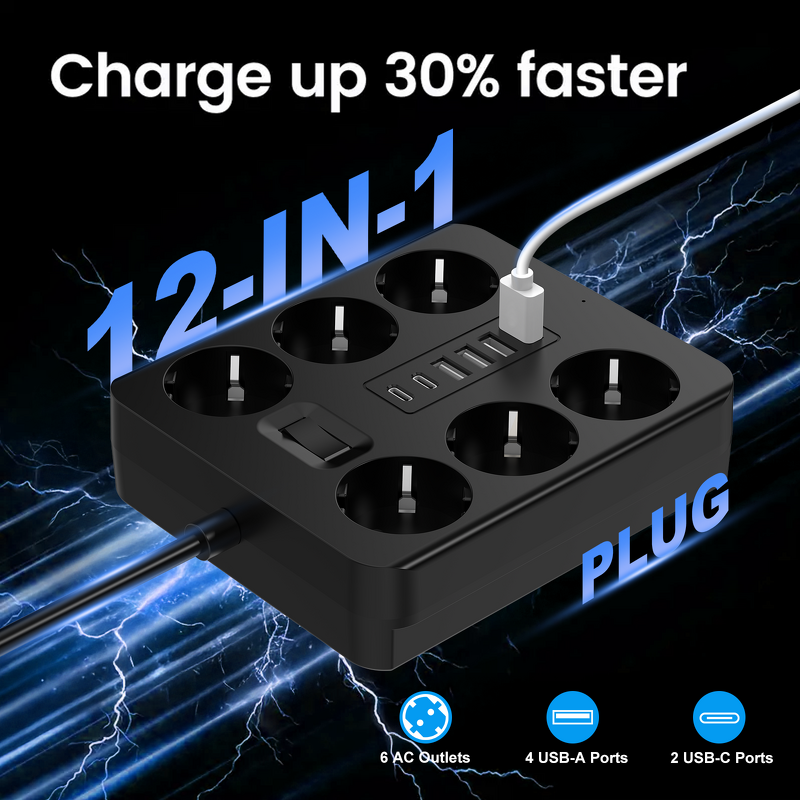 EU Travel Power Strip Manufacturer - 6-Socket 2500W with 4-USB 2 Type-C Overload Protection 1.8m Line CE Certified for Laptop Camera