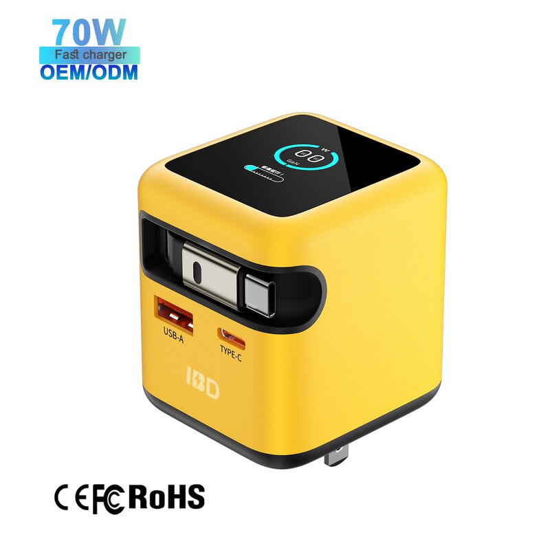 70W GaN Power Adapter Manufacturer - USB-C USB-A QC PD Charger Cube with TFT Display Retractable Cable & OTP Protection