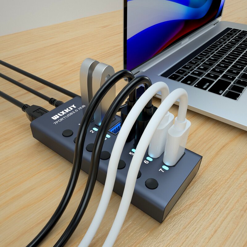 7-Port USB 3.0 Aluminum Hub Adapter Manufacturer - Individual On/Off Switch DC12V/3A Power Supply 5Gbps Data Transfer
