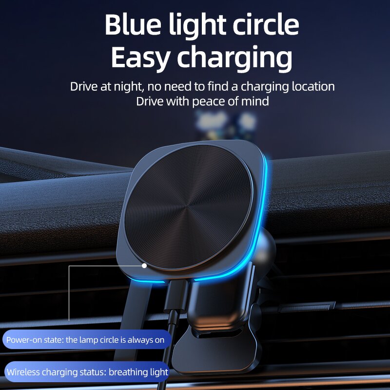 15W Compact Wireless Magnetic Car Charger Manufacturer - Portable with LED Short Circuit Safe Automatic Adapters & US Phone Holder