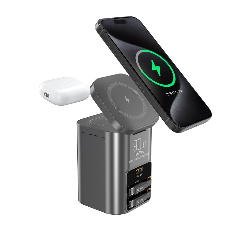 90W Wireless Charger Stand Manufacturer - Dual Retractable USB C PD Cable Fast Charging Dock for Phone Desktop Laptop