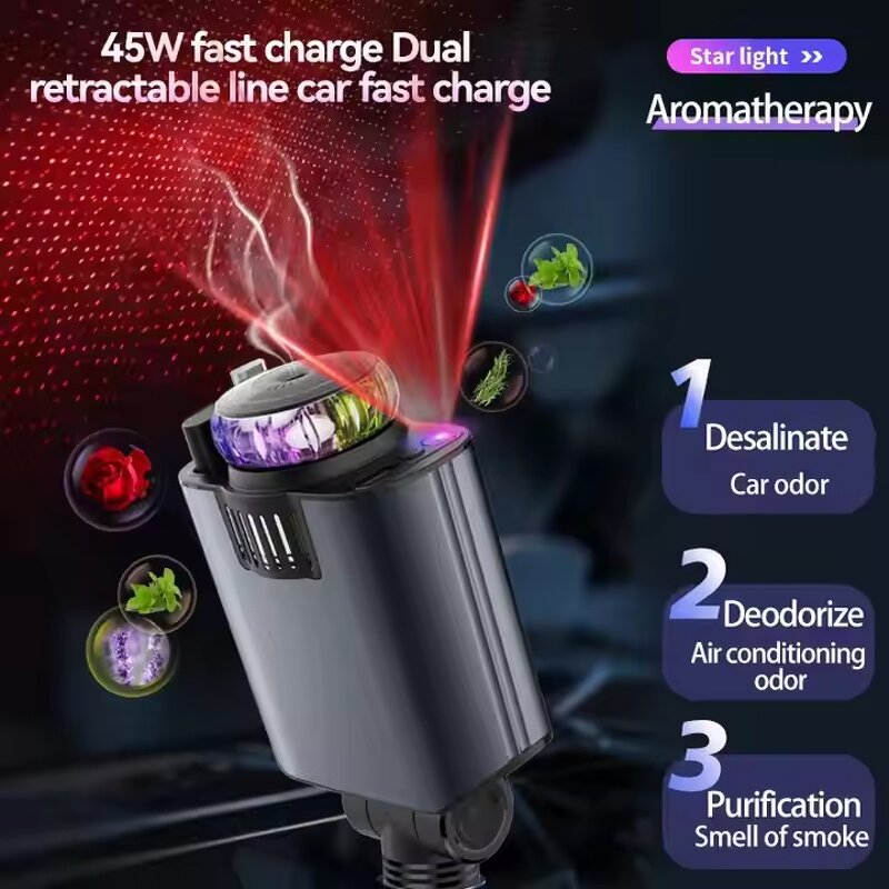5 in 1 Car Charger Manufacturer - USB C PD Super Fast Charging with Aromatherapy Spray Starry Top Starlight Retractable