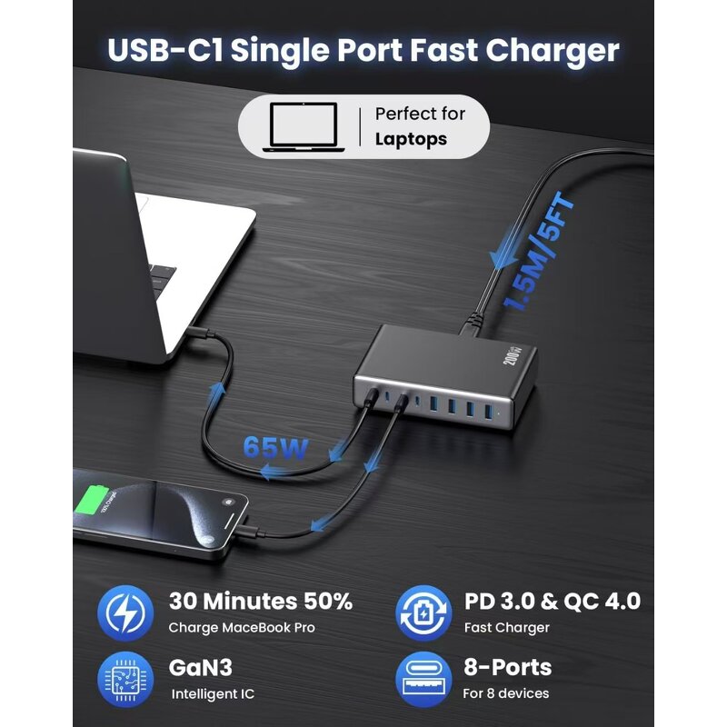200W USB C Charger Block Manufacturer - Upgraded GaN III 8-Port Fast Charging Hub PD 65W for MacBook Pro Air