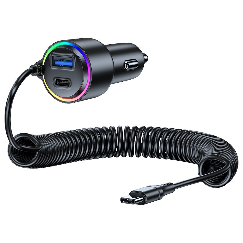 45W PD Car Charger Manufacturer - RGB Flashing 1.6m Spring Wire with Safety Fuse & Auto Overheat Protection