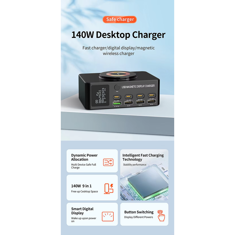 8-Port Fast Charging Station Hub Manufacturer - 15W Wireless PD 100W for Laptop USB C GaN 140W for iPhone 16 with SCP