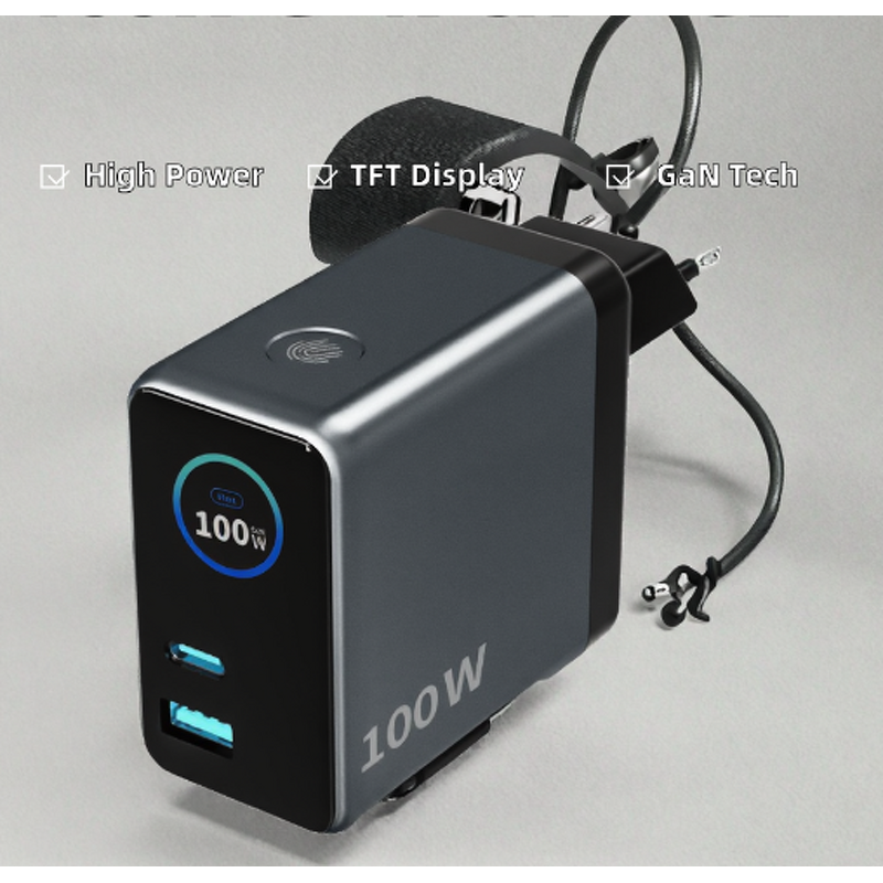 ILepo 100W GaN PD AI Travel Charger Manufacturer - with TFT Screen Display & Retractable Cable for Mobile Phone OTP/OVP/OCP Protection