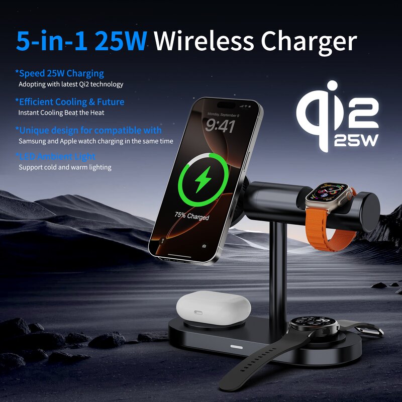 Qi2.2 5-in-1 Magnetic Wireless Charger Manufacturer - 25W Fast with Light Cooling AI Clock Calendar for Smartphone Earbuds Watch