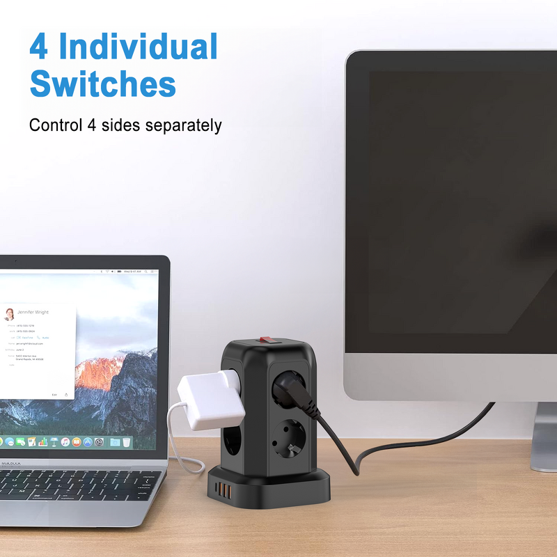 EU 1.8M Extension Cord Tower Manufacturer - Power Strip Surge Protector 8 Outlets 4 USB Ports (1 USB-C) 10A Multiple Outlets