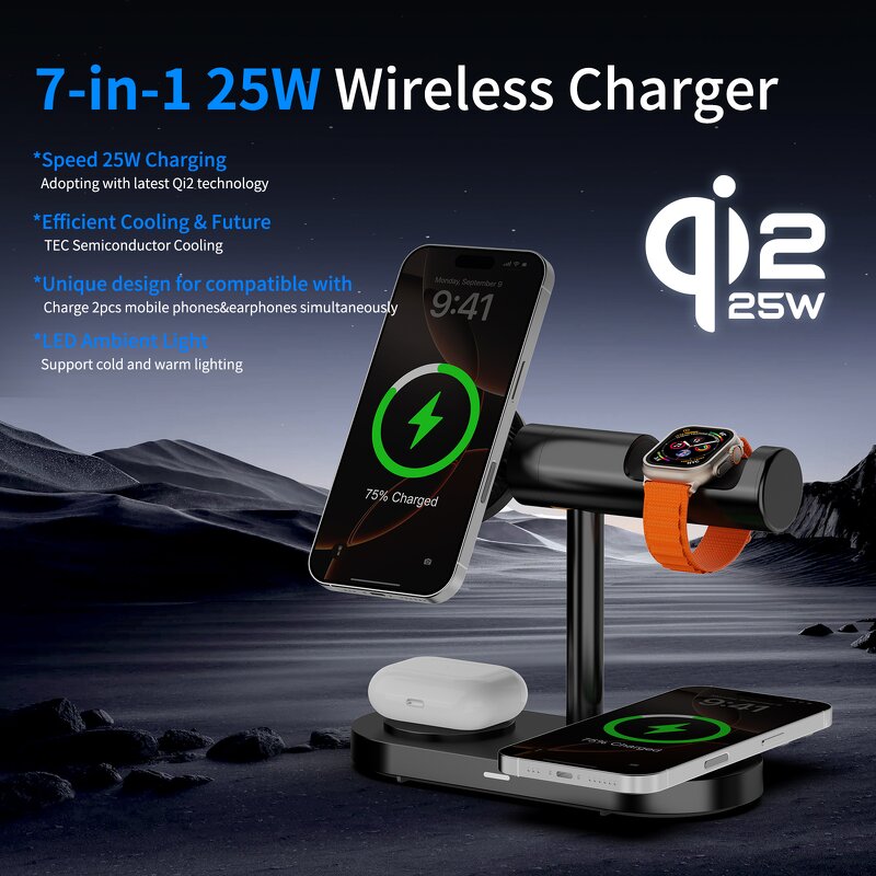 Qi2 25W Wireless Charging Station Manufacturer - 7 in 1 Magnetic with LED Light Multi-function for Phone Watch