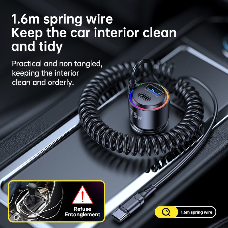 75W USB Car Charger Manufacturer - Type C Fast Charging PD with 45W Spring Wire Portable Travel