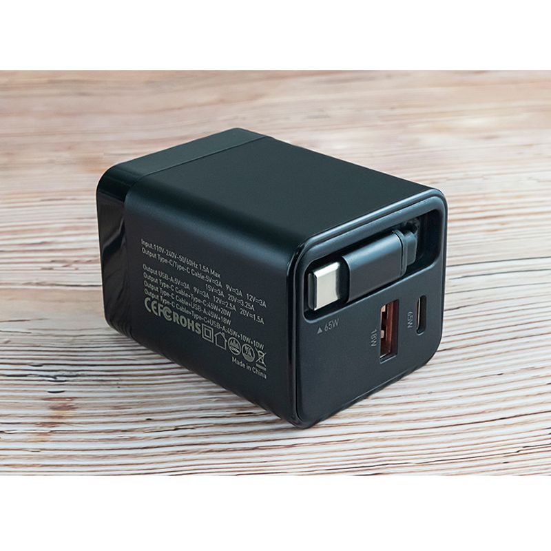 65W GaN Wall Chargers Manufacturer - Single Dual Port with Retractable Built-in Cable Portable OTP OVP for Phones Tablets Laptops