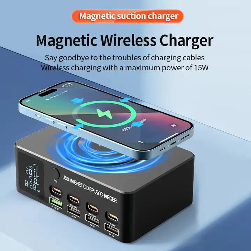 140W USB C Charger Manufacturer - GaN 8-Port Fast Charging Hub PD 100W for Laptop 15W Wireless for iPhone 16