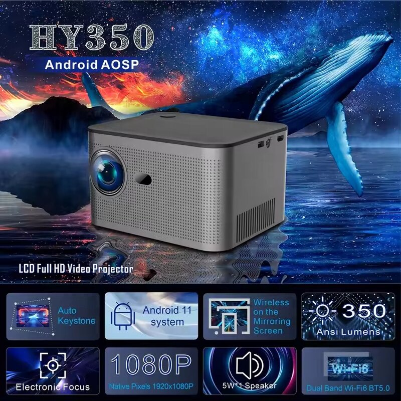 WiFi Android 11 4K Mini Projector Manufacturer - 1920*1080P 4 Core High Brightness HY350 Outdoor Home Theater Portable New Arrival