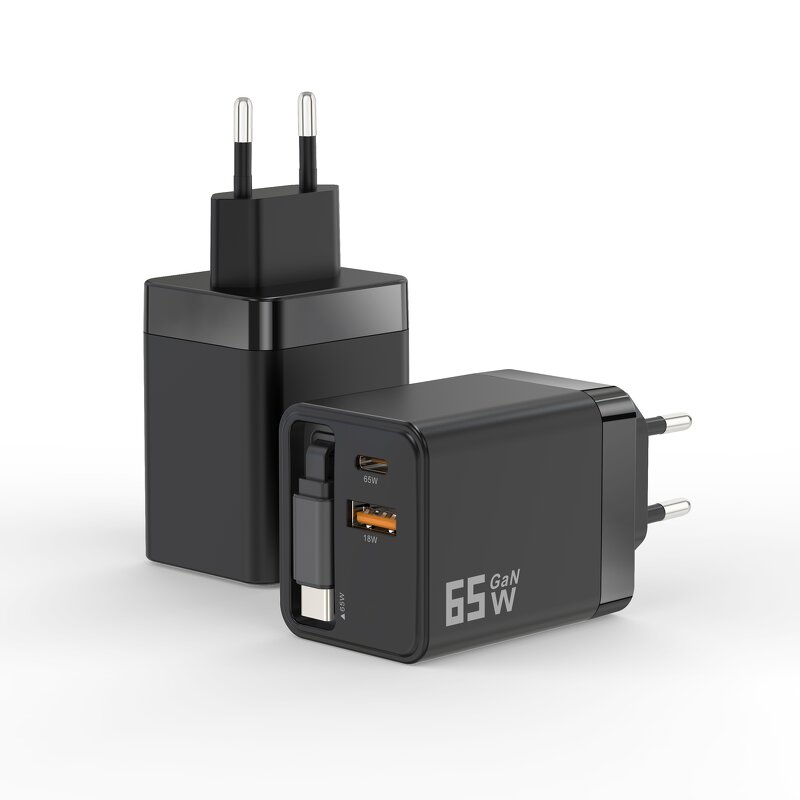 65W GaN Wall Charger Manufacturer - Dual USB & USB-C Ports with Retractable Type-C Cable