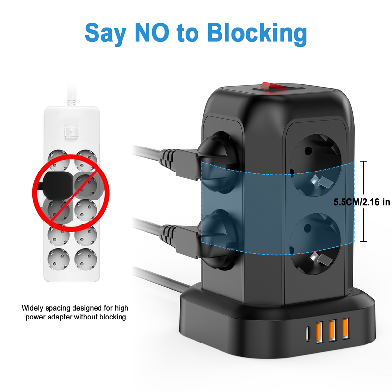 EU 1.8M Extension Cord Tower Manufacturer - Power Strip Surge Protector 8 Outlets 4 USB Ports (1 USB-C) 10A Multiple Outlets