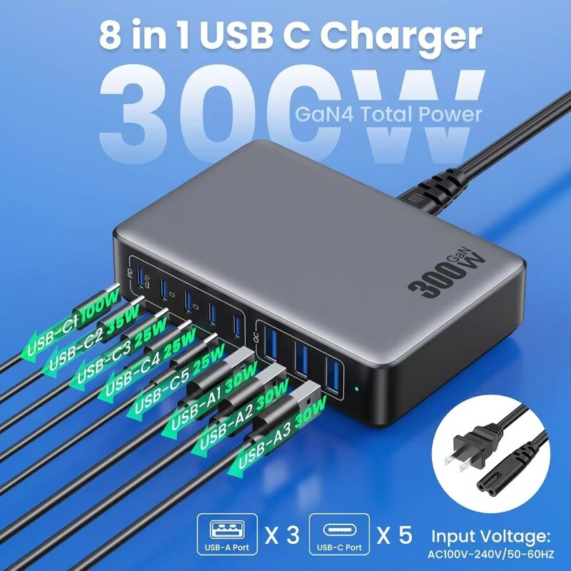 300W GaN Desktop Charger Manufacturer - 8-Port 5 Type C 3 USB PD 3.0 Multi-Function Dock for Laptop iPhone Smart Watch