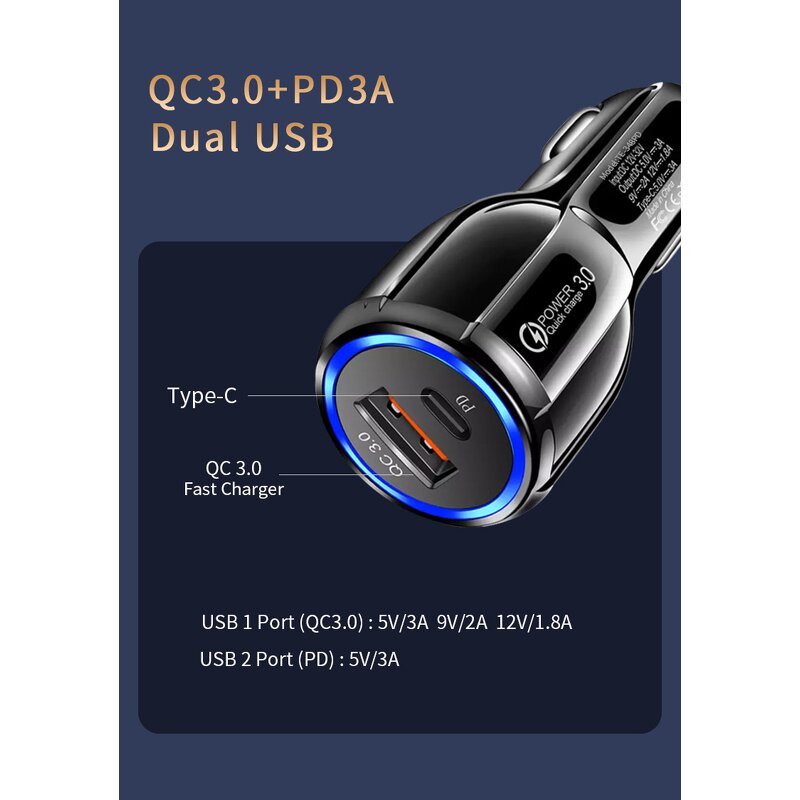 18W PD Car Charger Manufacturer - QC3.0 Type C Fast Charging for 2 Devices
