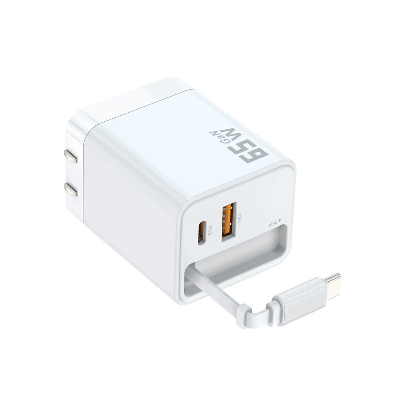 65W GaN Wall Charger Manufacturer - Dual USB & USB-C Ports with Retractable Type-C Cable