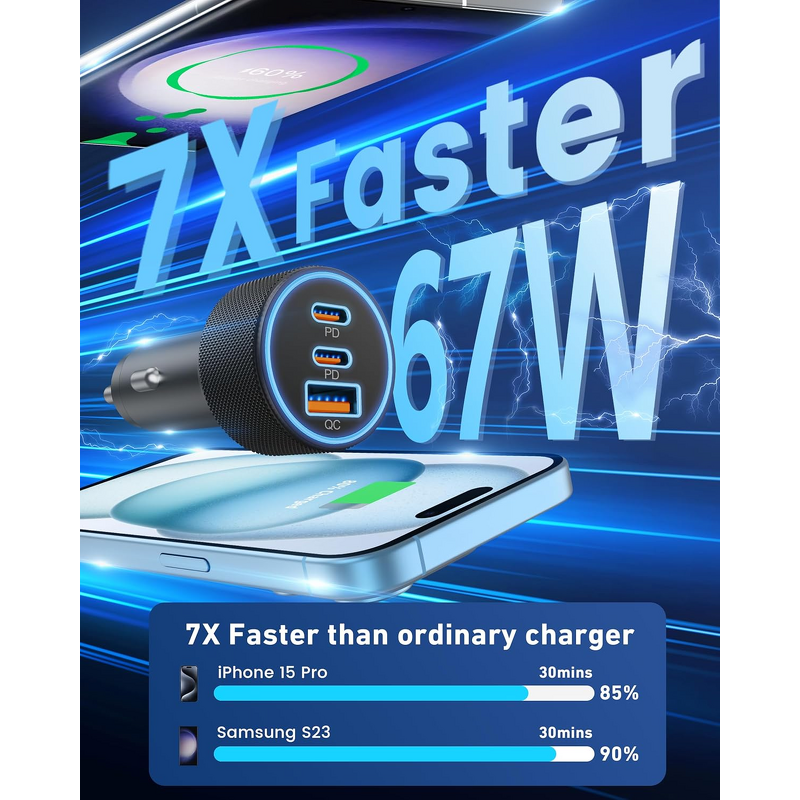 67W Travel Charger Manufacturer - USB-C USB-A 3 Ports MINI Dual USB C Fast Charging Car Power Adapter PD QC for iPhone