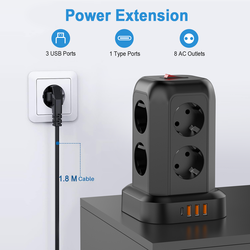 8-Socket Expansion Adapter Manufacturer - 3 USB (1 USB-C) Ports Multi-Plug Distributor Wall Charger for Cruise Travel