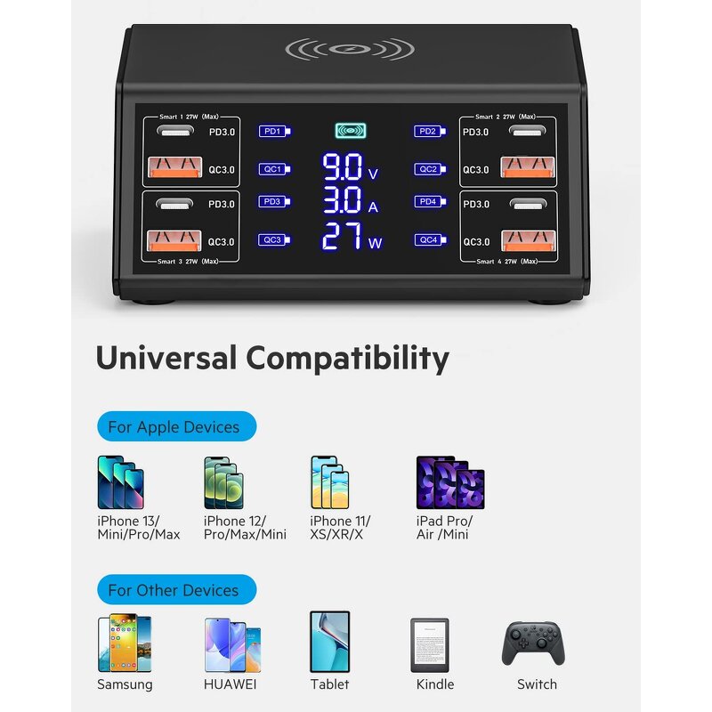 9in1 100W USB C Charging Station Manufacturer - Desktop Fast Charger with QC3.0 PD3.0 OTP OVP for Laptops Cell Phones