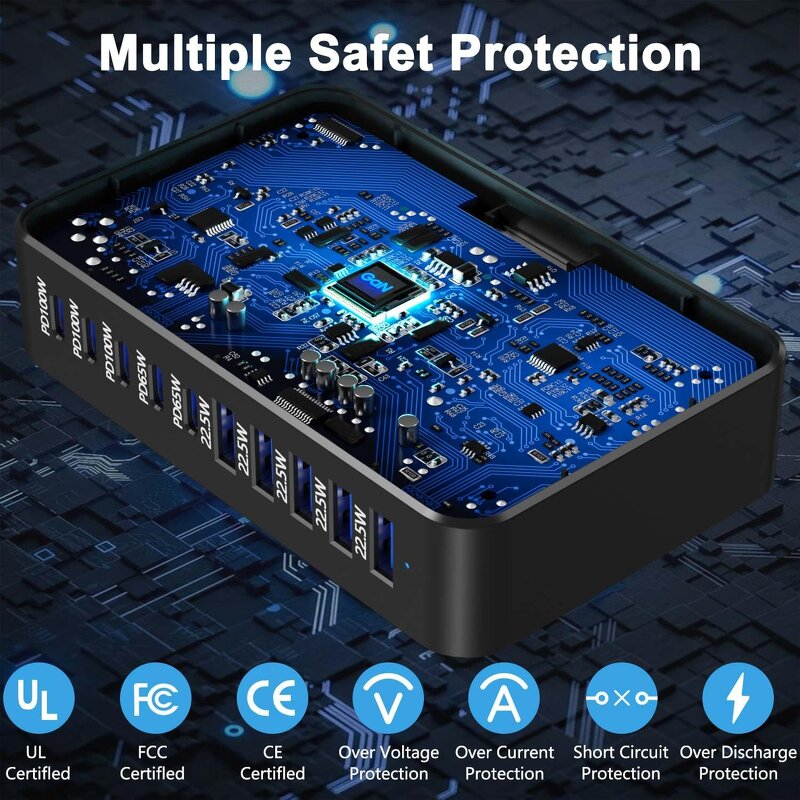 540W GaN4 Fast Charger Manufacturer - PD 3.0 Compatible 5A 5C Portable Wall Plug for iPhone 10-Port Desktop Charger