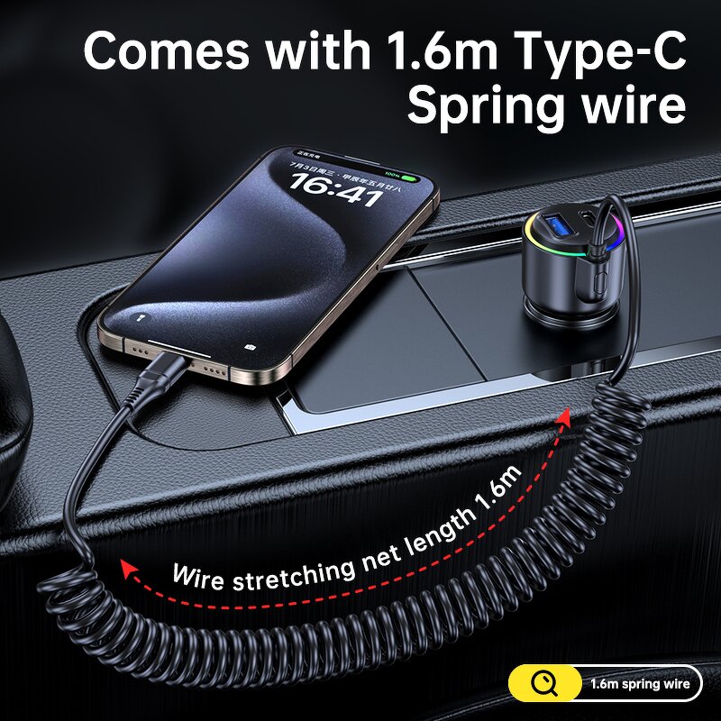45W PD Car Charger Manufacturer - RGB Flashing 1.6m Spring Wire with Safety Fuse & Auto Overheat Protection