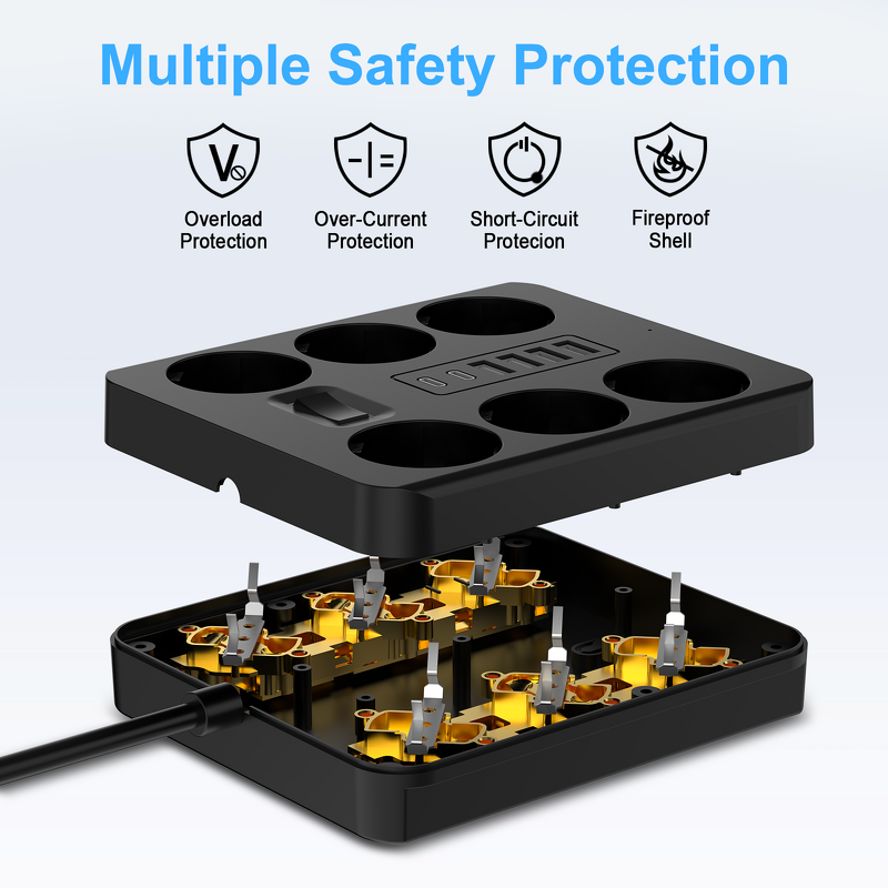 EU Travel Power Strip Manufacturer - 6-Socket 2500W with 4-USB 2 Type-C Overload Protection 1.8m Line CE Certified for Laptop Camera