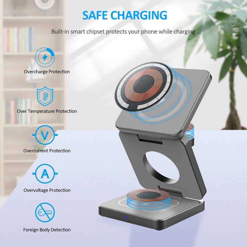 QI15w 3in1 Wireless Magnetic Charger Manufacturer - Fast Charging Station Foldable Portable Stand for Iphones 15 Pro Max