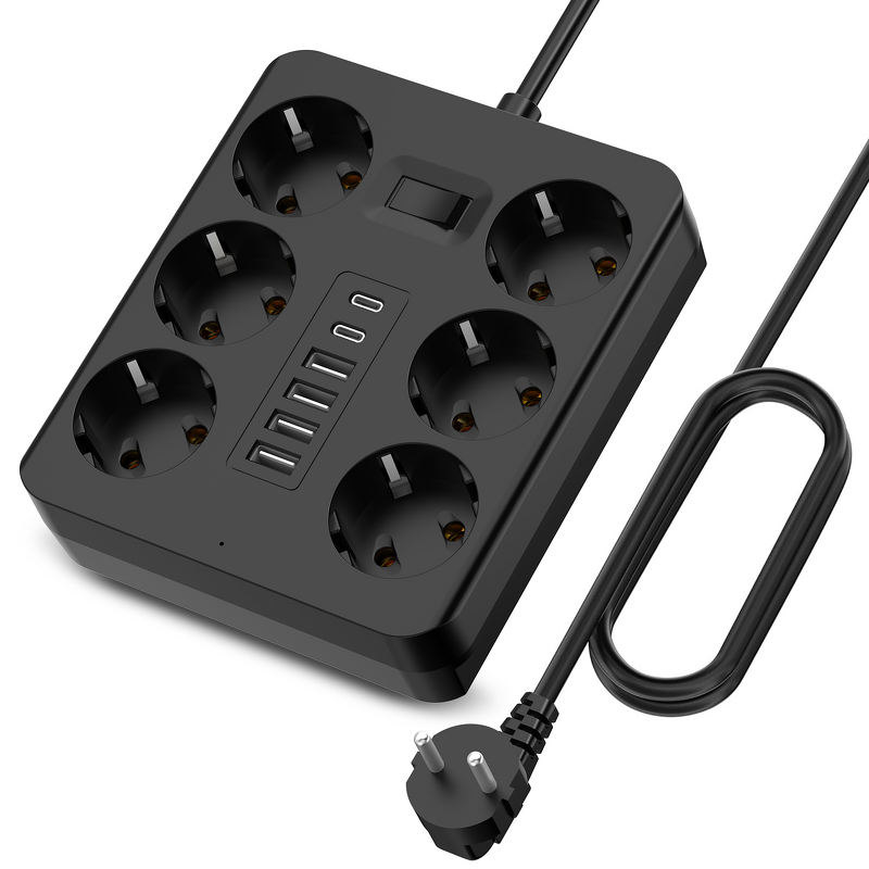 EU Travel Power Strip Manufacturer - 6-Socket 2500W with 4-USB 2 Type-C Overload Protection 1.8m Line CE Certified for Laptop Camera